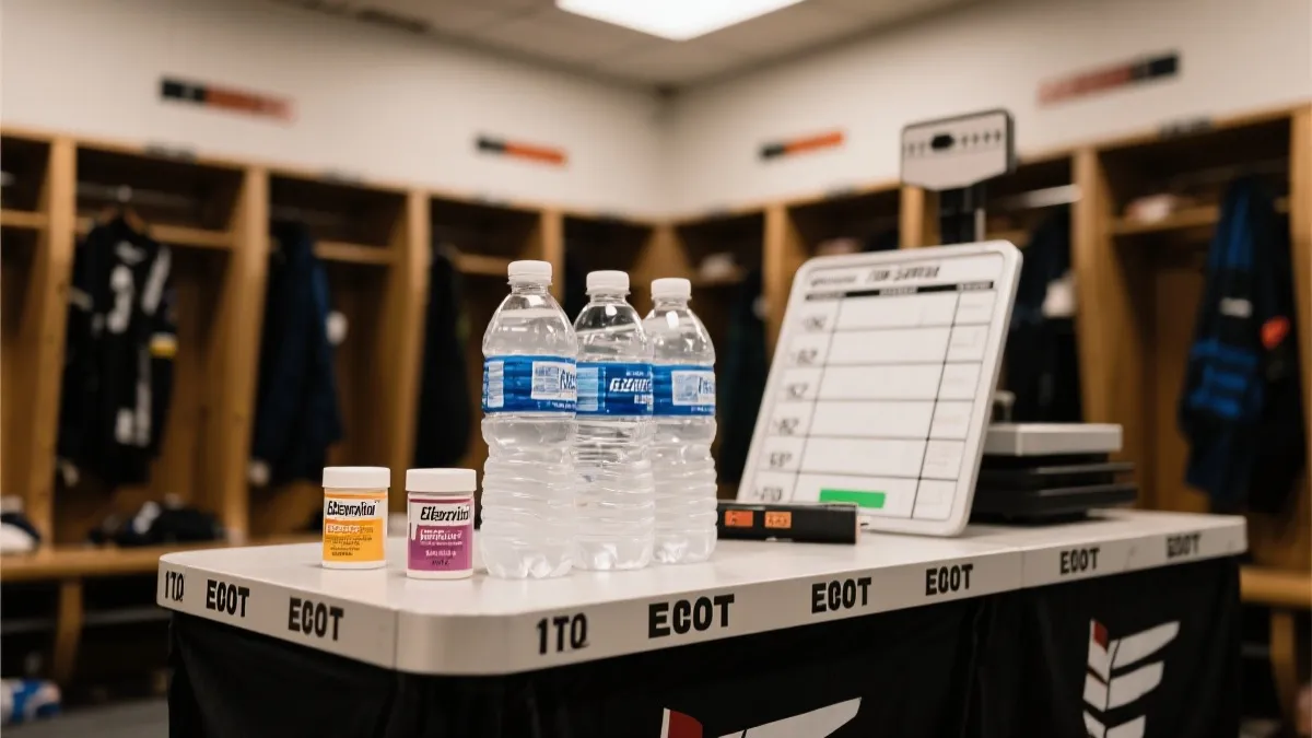 更衣室比赛日补水流程示意：个人瓶标、电解质与时间节点