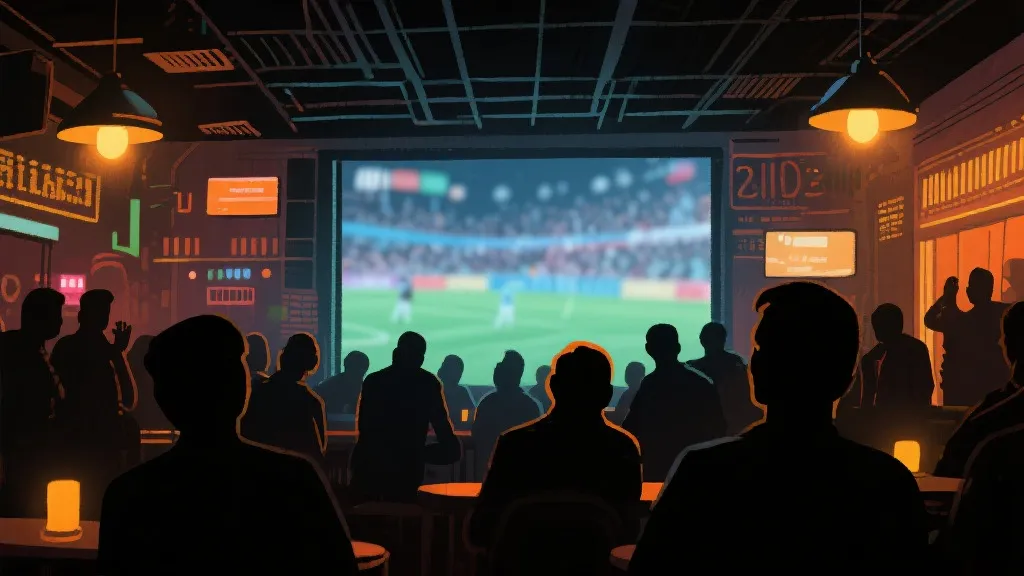 酒吧公共观赛场景的插画风视觉，象征商用播放授权与合规