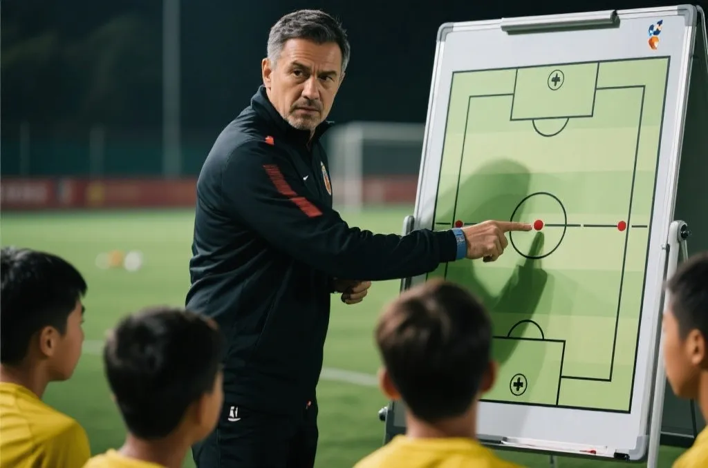 足球教练在战术板前紧张部署防守战术